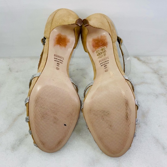 Schutz Silver Glitter Embellished Stones Caged Heel Sandal - Picture 6 of 10